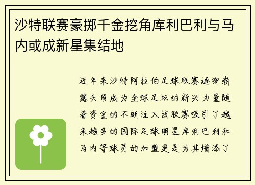 沙特联赛豪掷千金挖角库利巴利与马内或成新星集结地